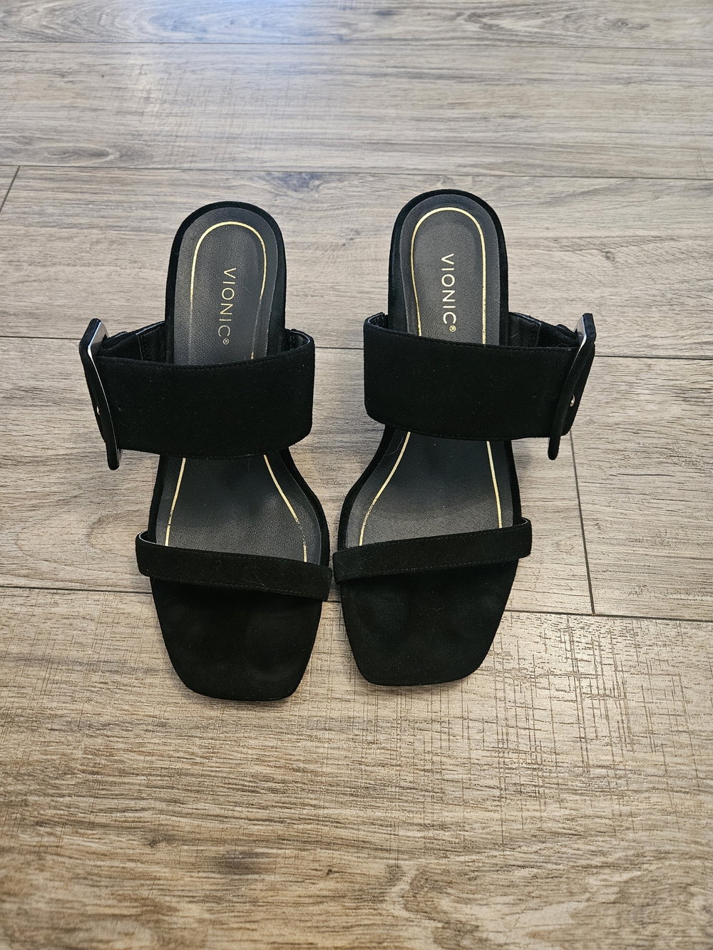 Vionic Brookell Black Suede Buckle Slide Heels Size 7.5
